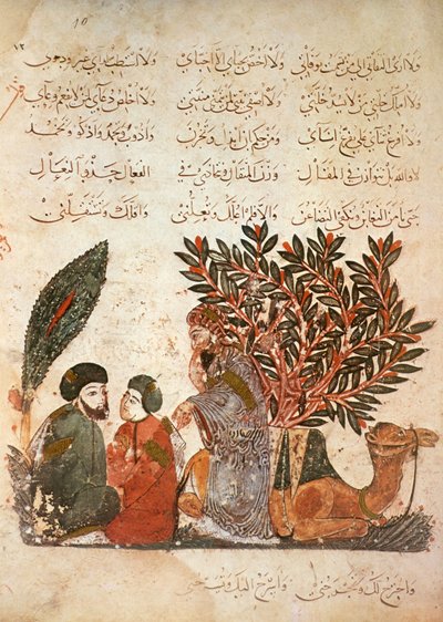 The Caravan Stopping: Al-Harith Listening to a Conversation Between a Man and His Son, from Al Maqamat by Al Hariri, c.1240 by Yahya ibn Mahmud Al Wasiti